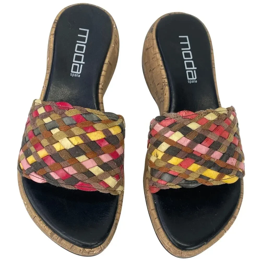 Moda Spana Women's Woven Multicolor Wedge Sandal Brown Pinks Yellow Cream S 7.5